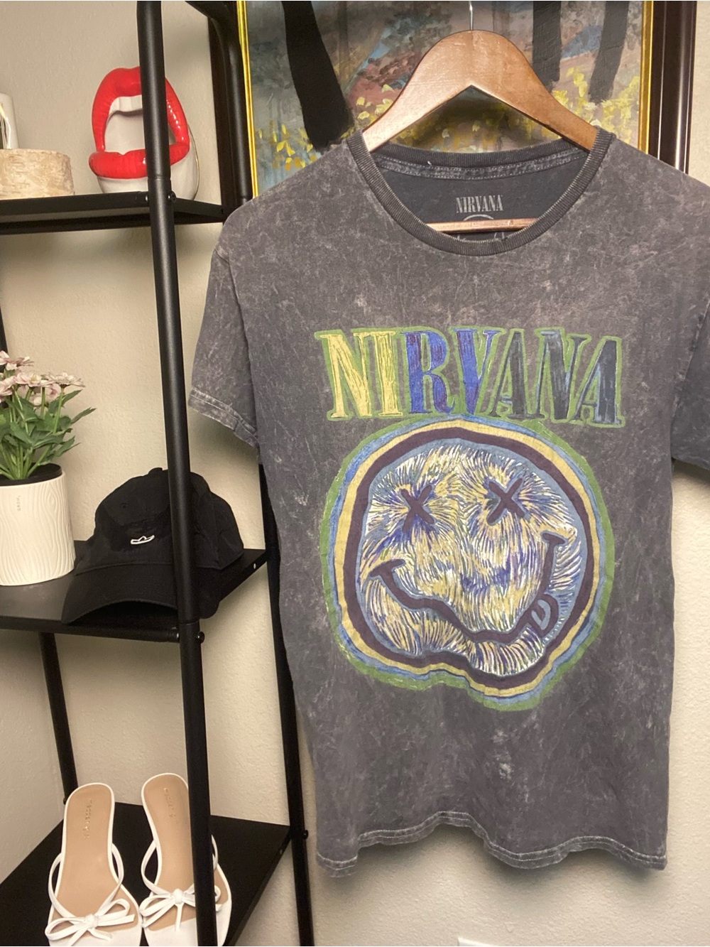 NIRVANA Black Washed Short-Sleeve Tee with Multicolor Smiley